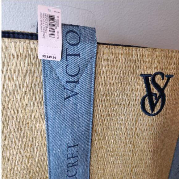 VICTORIA'S SECRET ~ New! NWT ~ Lage Straw Raffia Weekender Beach Tote w/ Denim - Picture 3 of 8